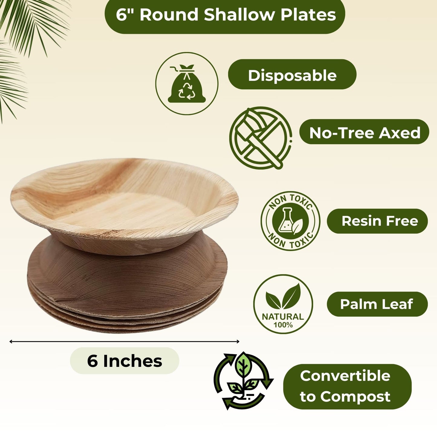50 Sturdy 6" Round Palm Leaf Disposable Cake Plates