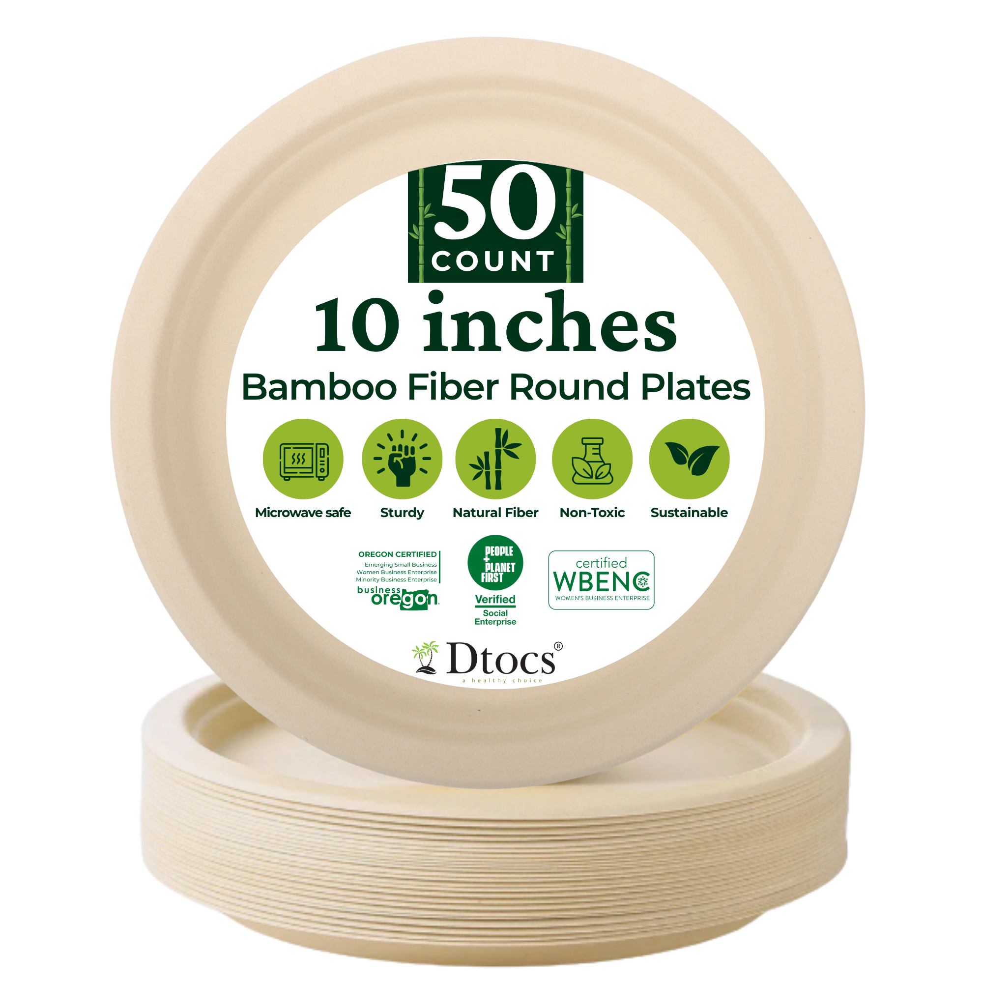 Dtocs Bamboo Fiber Plates 10 Inch Round | Compostable Disposable
