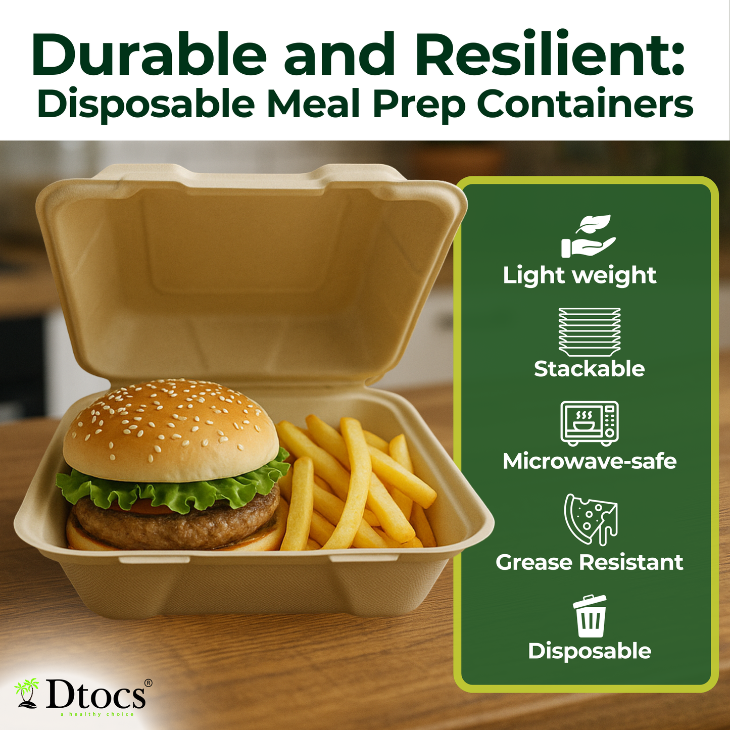 Dtocs Compostable 8-Inch Bamboo Fiber Clamshell To Go Containers - 70 Pc