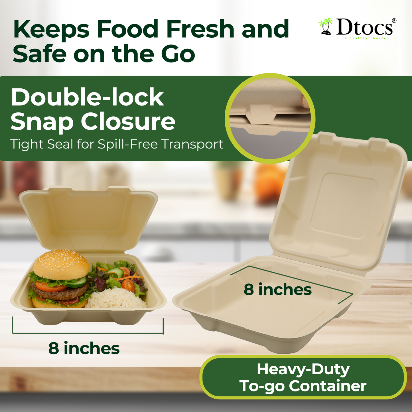 Dtocs Compostable 8-Inch Bamboo Fiber Clamshell To Go Containers - 70 Pc