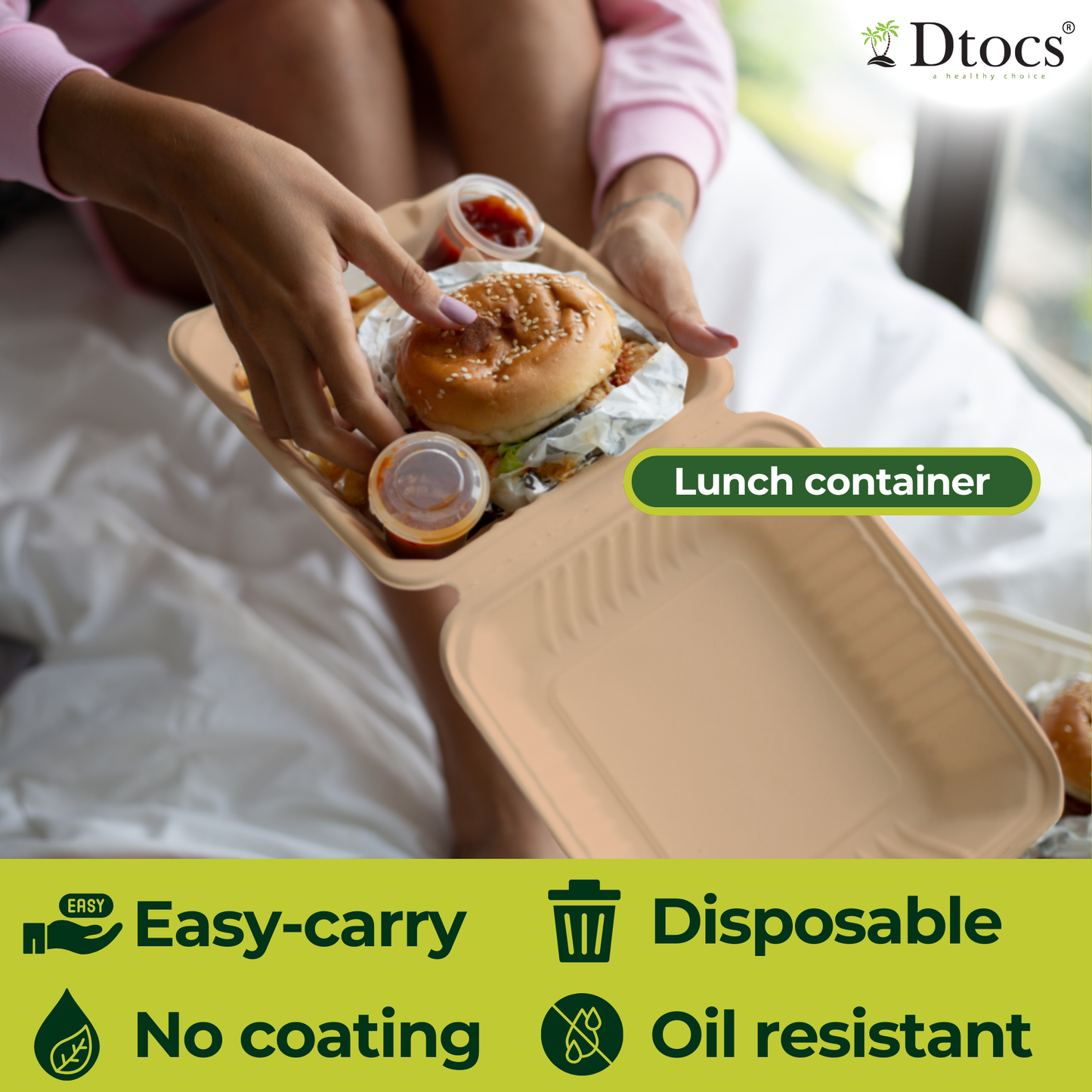 Dtocs Compostable 8-Inch Bamboo Fiber Clamshell To Go Containers - 70 Pc