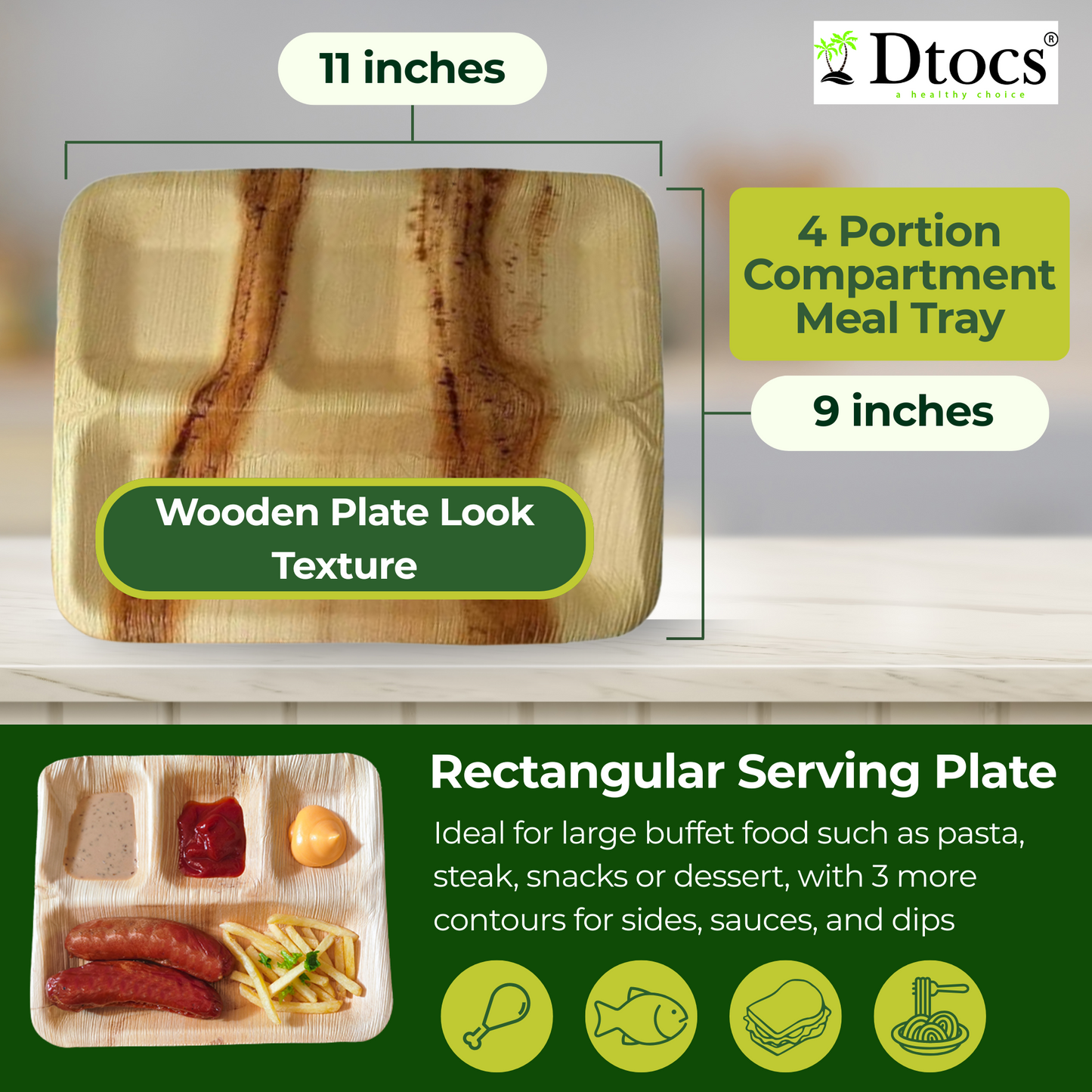 50 Rectangle Compartment Party Plates 11"x9" - 4 Section