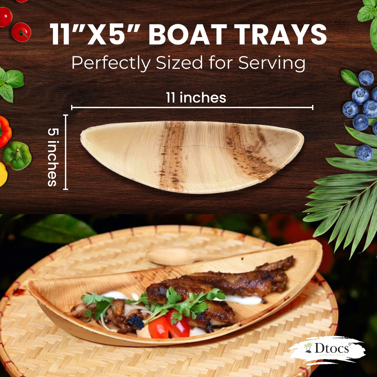 Dtocs Palm Leaf Plate Platter Tray 11 X 5 Inch (25) Boat