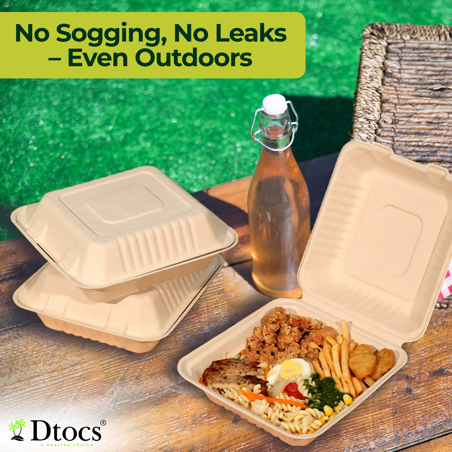 Dtocs Compostable 8-Inch Bamboo Fiber Clamshell To Go Containers - 70 Pc