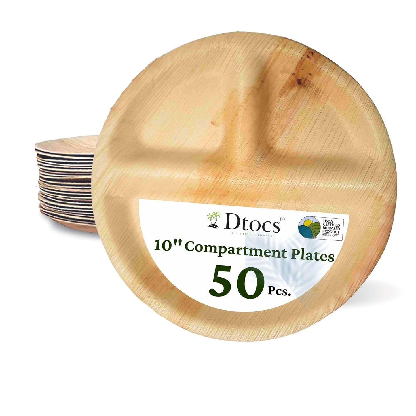 50 Palm Leaf 10" Round Compartment Party Plates
