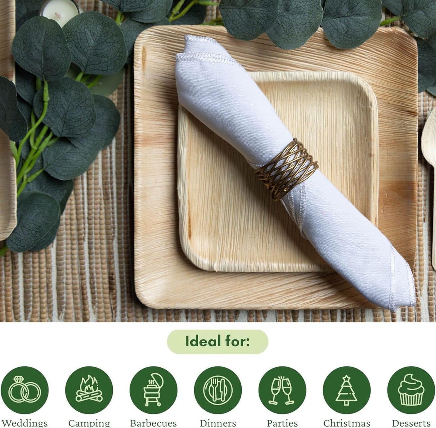50 Sturdy Palm Leaf 8" Square Disposable Party Plates