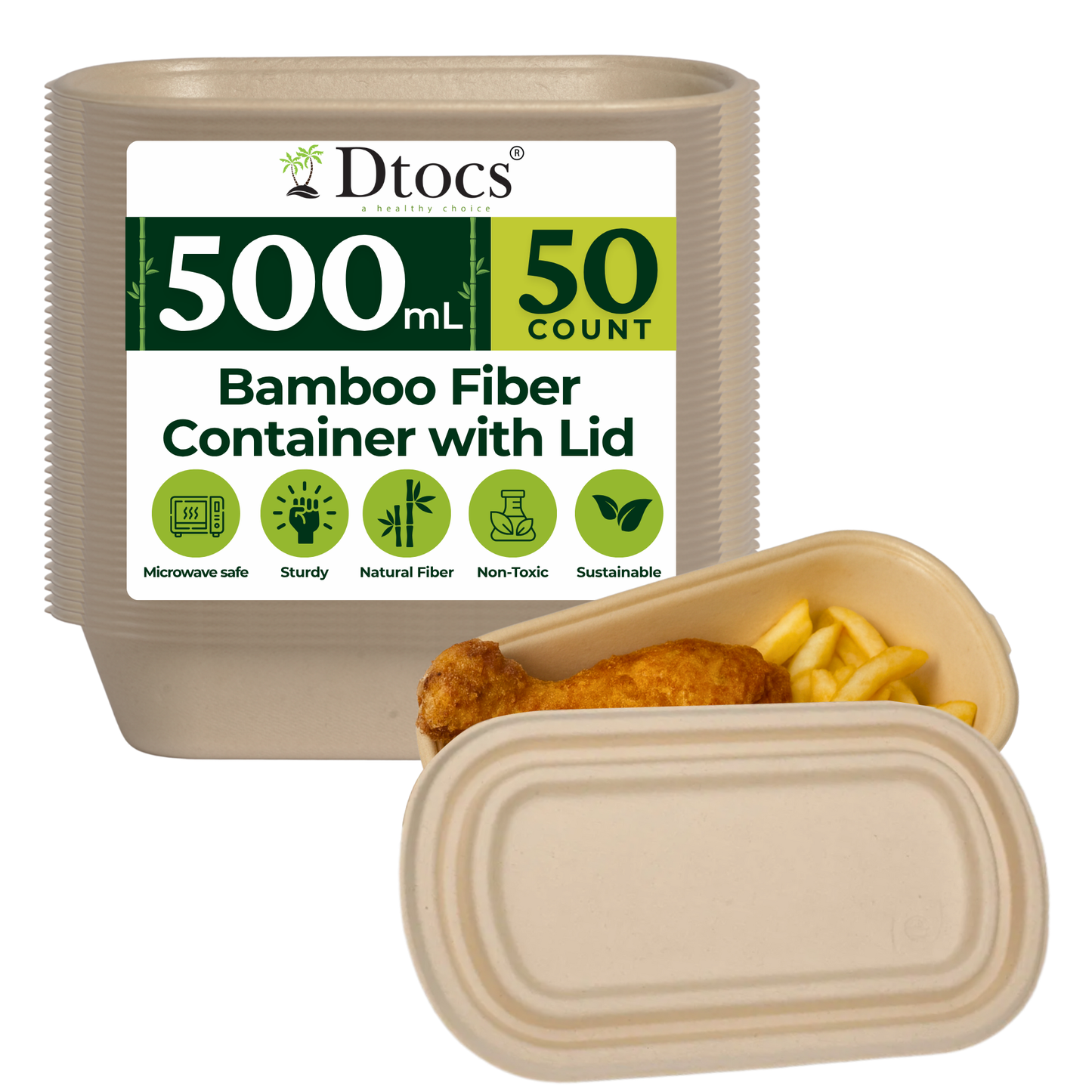 Dtocs Bamboo Fiber 500 mL Meal Prep Containers (Pack 50) | Disposable To-Go Food Containers With Lid