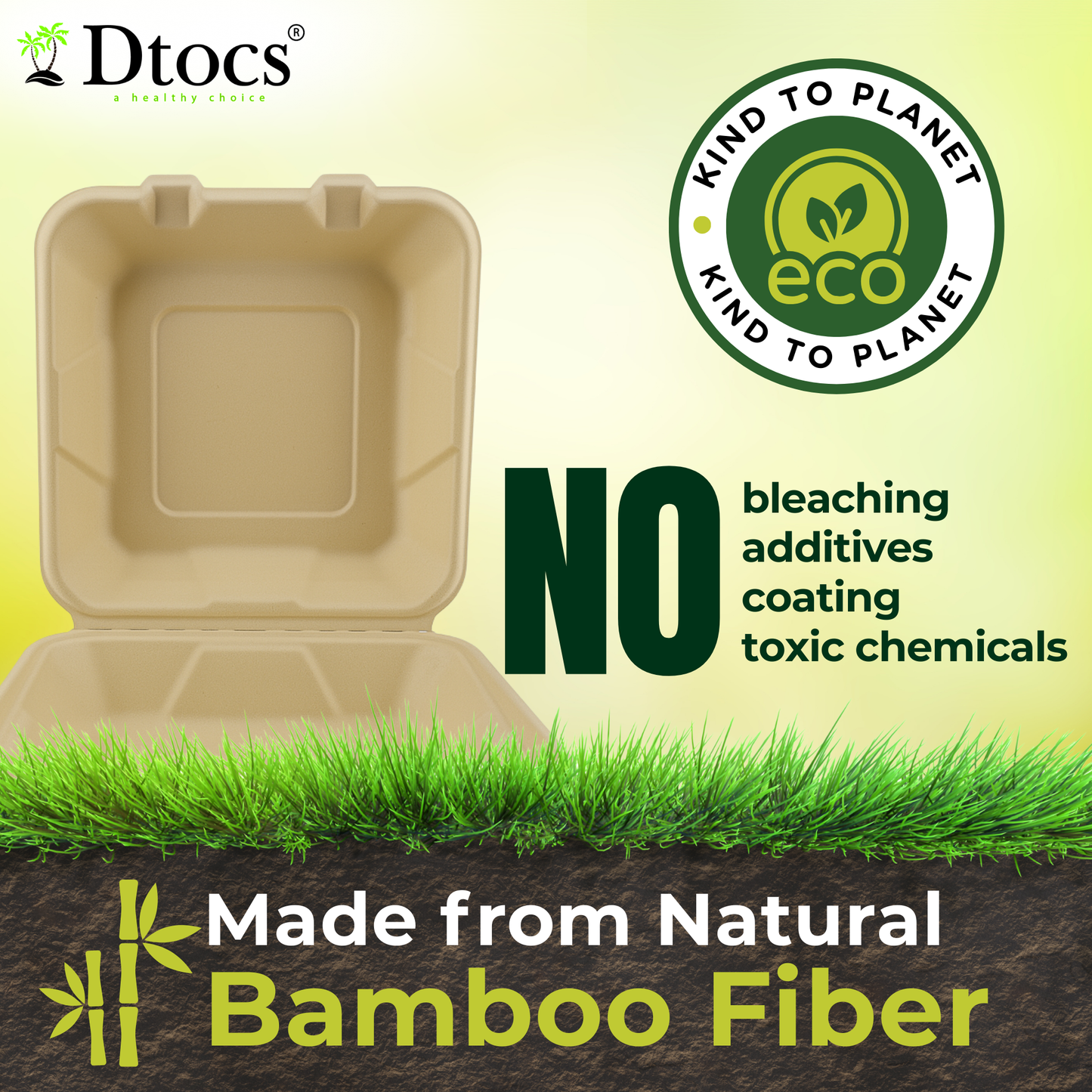 Dtocs Compostable 8-Inch Bamboo Fiber Clamshell To Go Containers - 70 Pc