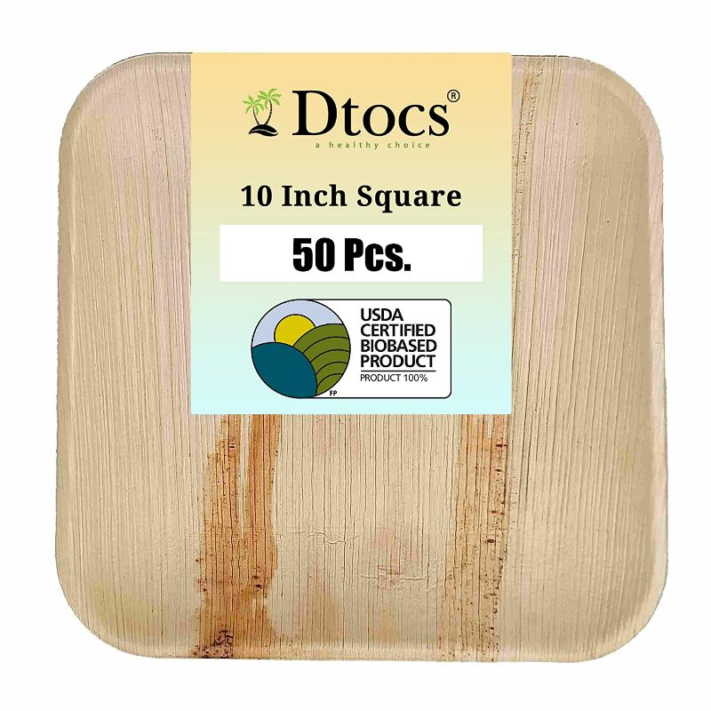 Dtocs Palm Leaf Plates 10 Square Dinner Plate Set - Pack 50 - Brown