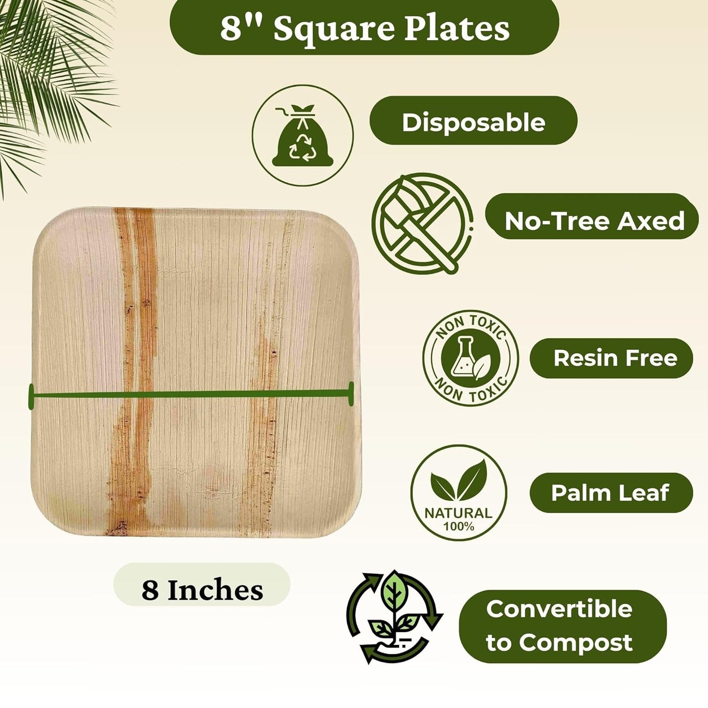 50 Sturdy Palm Leaf 8" Square Disposable Party Plates