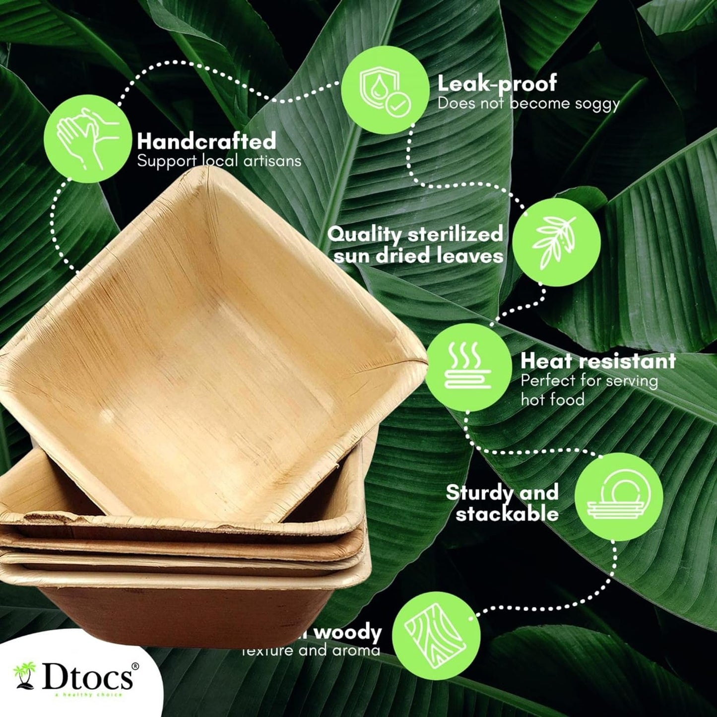 5" Square Disposable Bowls (50) | Palm Leaf Bowls