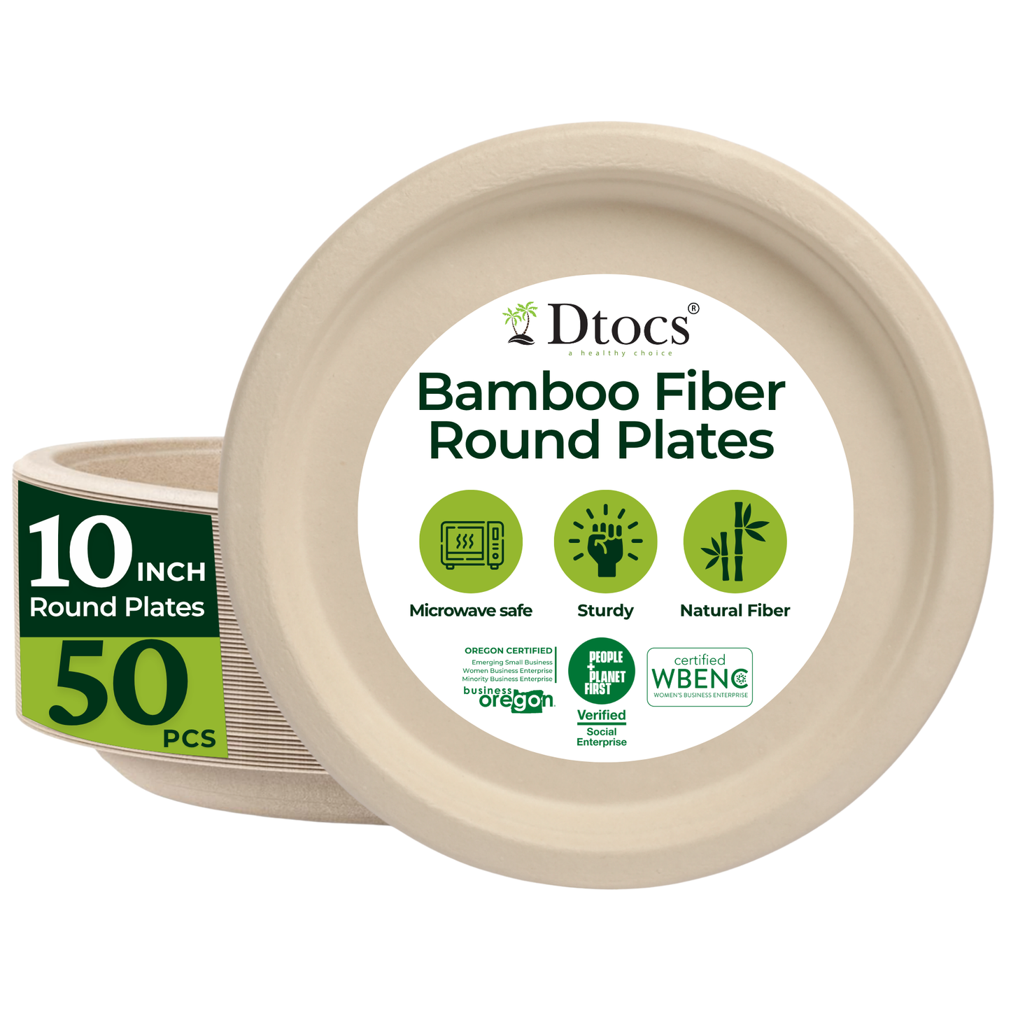 Dtocs Bamboo Fiber Plates 10 Inch Round (50 Pcs)