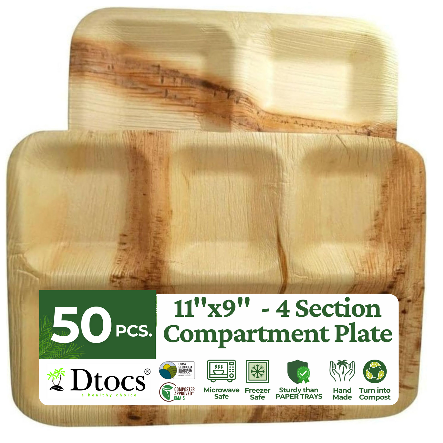 50 Rectangle Compartment Party Plates 11"x9" - 4 Section