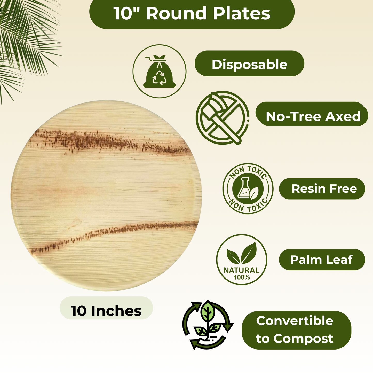50 Palm Leaf Plate 10" Round Dinner Party Plates
