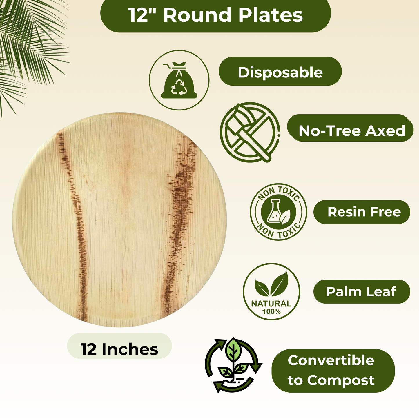 25 Palm Leaf Plate 12" Round Party Platters