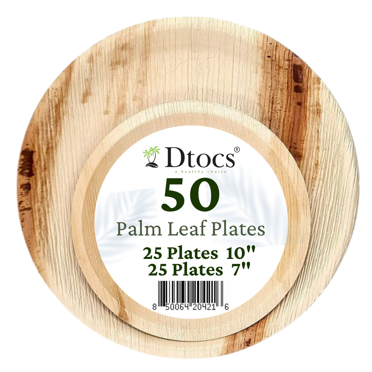 50 Party Plates | 10" Dinner (25), 7" Dessert (25) Round Palm Leaf Plates