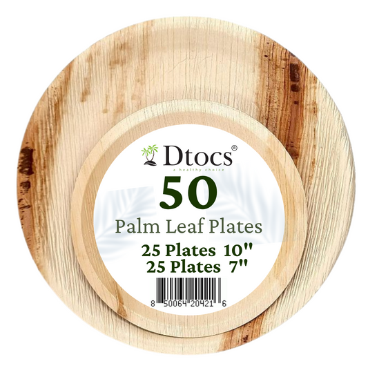 50 Party Plates | 10" Dinner (25), 7" Dessert (25) Round Palm Leaf Plates