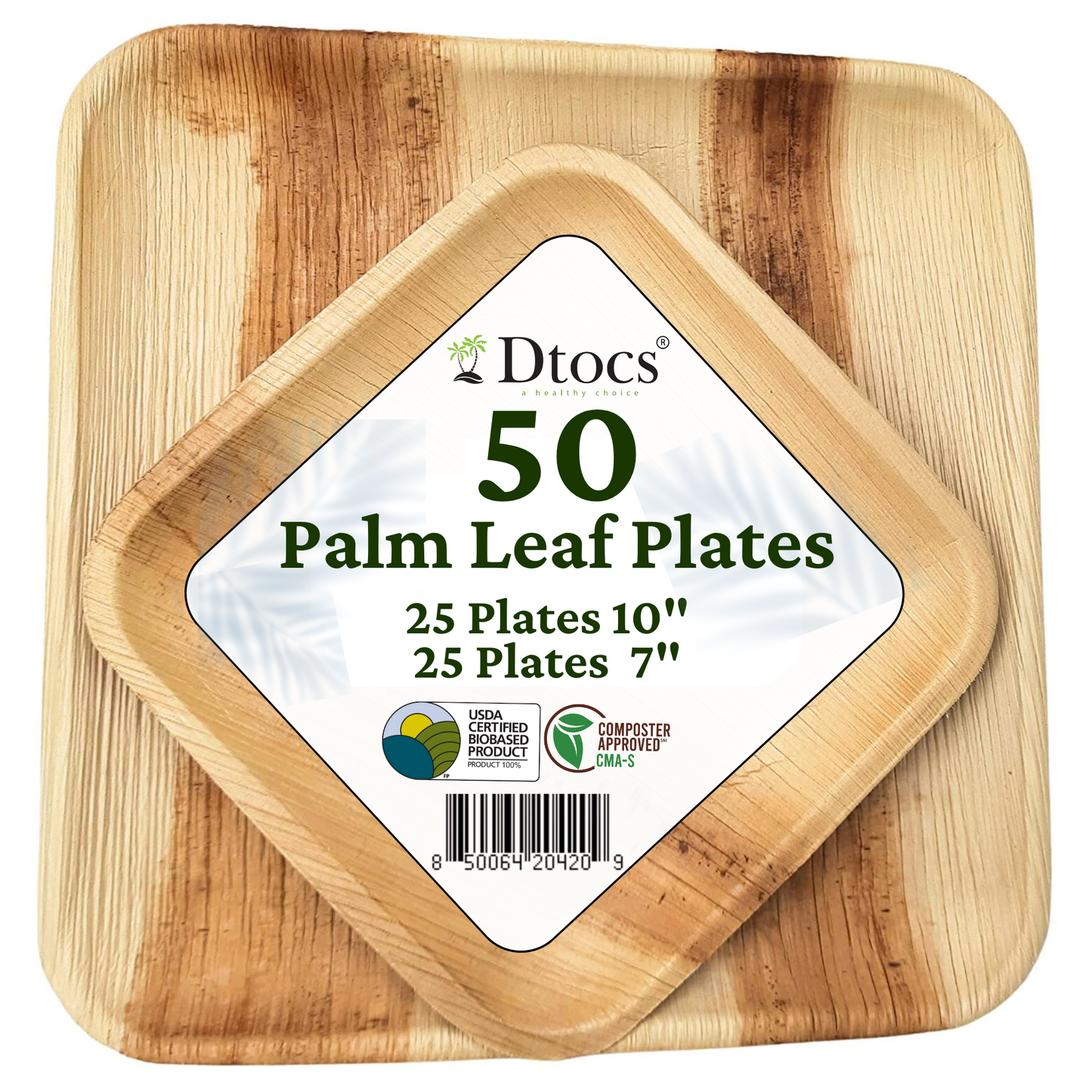 50 Party Plates | 10" Dinner (25), 7" Dessert (25) Square Palm Leaf Plates