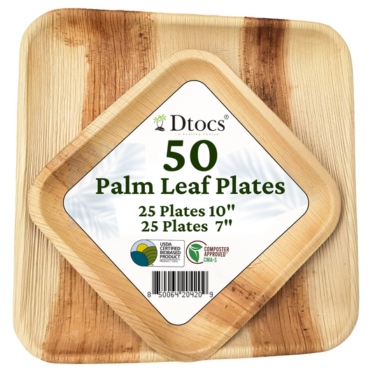 50 Party Plates | 10" Dinner (25), 7" Dessert (25) Square Palm Leaf Plates