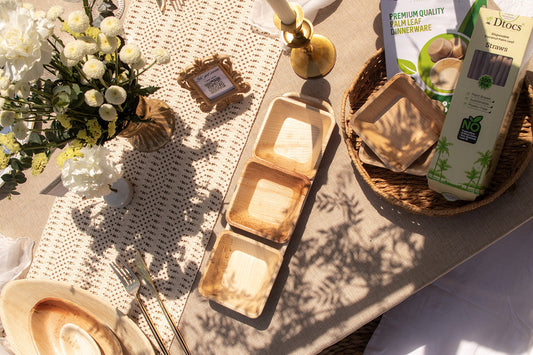 Dtocs square bowls and oval plates with coconut straw in picni set up