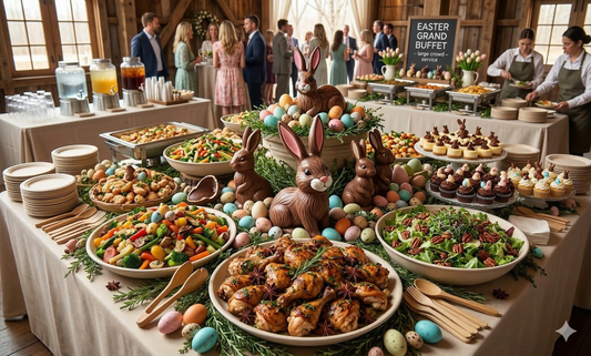 Zero-waste Easter dinner table set with eco-friendly bamboo disposable plates and spring decorations