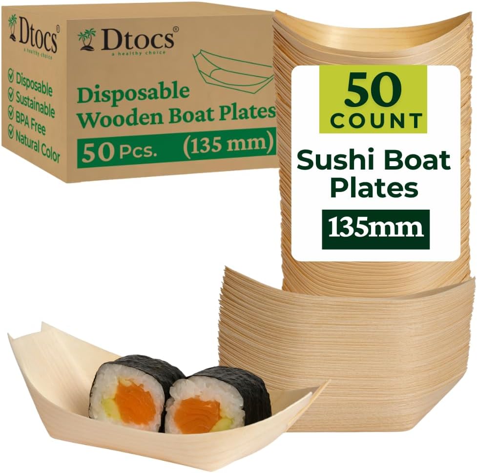 Dtocs Disposable Wooden Food Boat Plates 135mm (50 Pcs)