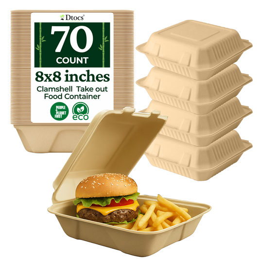 Dtocs Compostable 8-Inch Bamboo Fiber Clamshell To Go Containers - 70 Pc