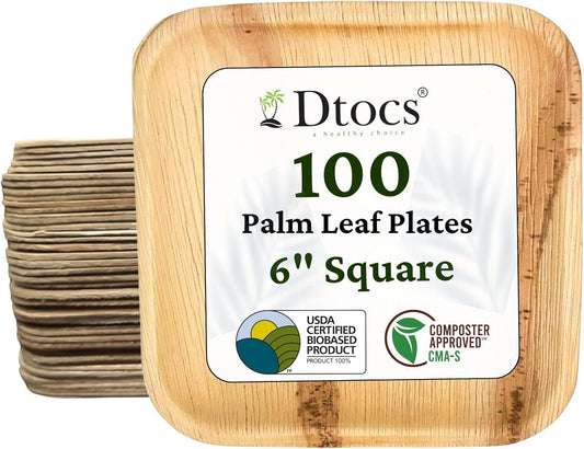 100 Sturdy Palm Leaf 6" Square Disposable Party Plates