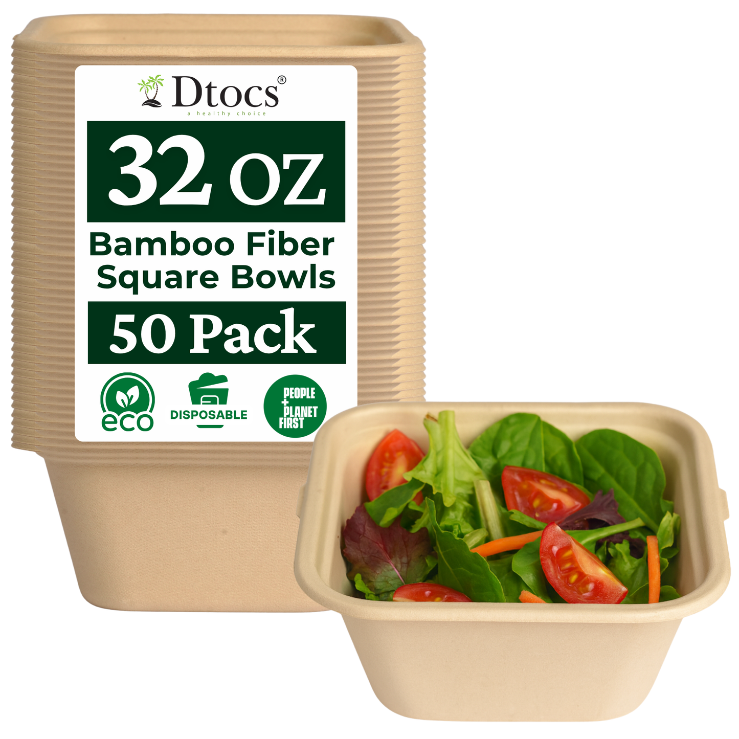 Dtocs Bamboo Fiber Disposable Bowls – 32 Oz, 50 Pk | Bamboo Round Bowl | Microwavable Bagasse Bowl like Soup, Cake, Salsa, Salad bowls