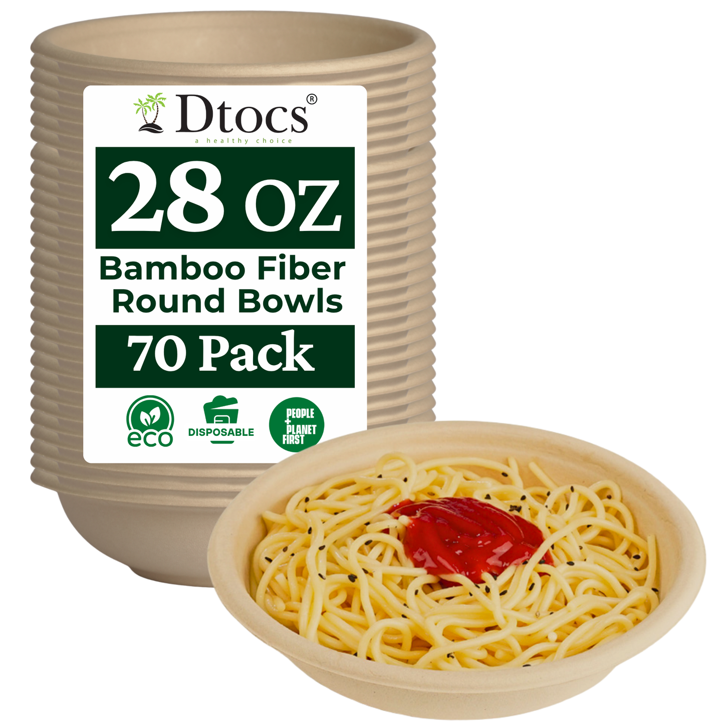 Dtocs Bamboo Fiber Disposable Bowls – 28 Oz, 70 Pk | Eco Friendly Large Bowl | Microwave Safe Bagasse Bowl for Soup, Dessert, Salad bowls