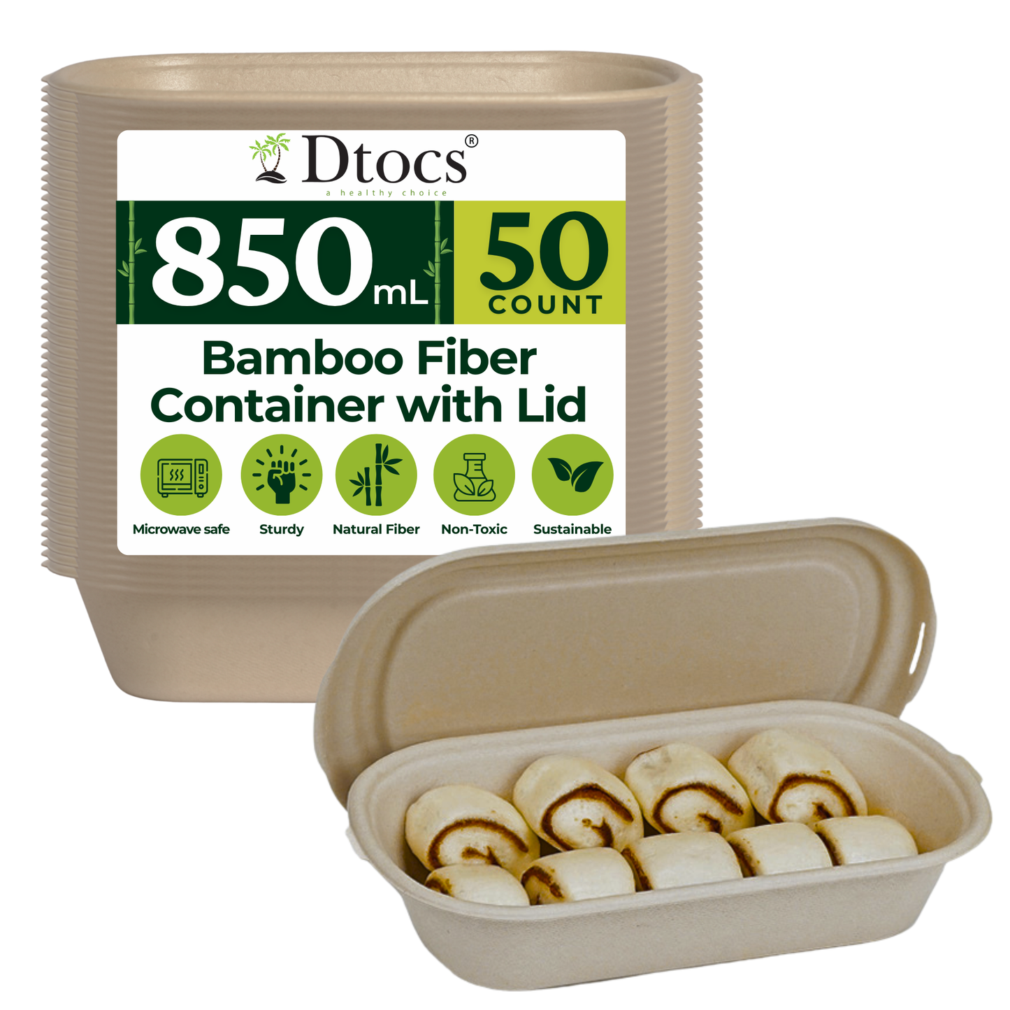 Dtocs Bamboo Fiber Meal Prep Containers with Lids 28 Oz, 50 Pcs | Bagasse Like Bamboo Disposable Container