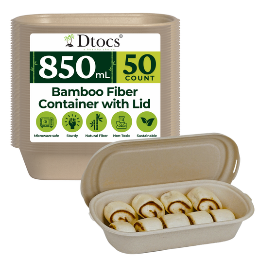 Dtocs Bamboo Fiber Meal Prep Containers with Lids 28 Oz, 50 Pcs | Bagasse Like Bamboo Disposable Container