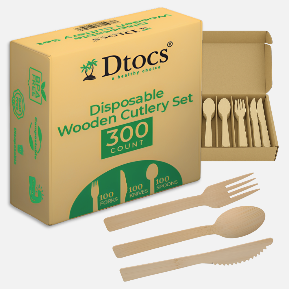 Dtocs Disposable Wooden Cutlery Set 300 Pc – Knives, Spoons, Forks 100 Each