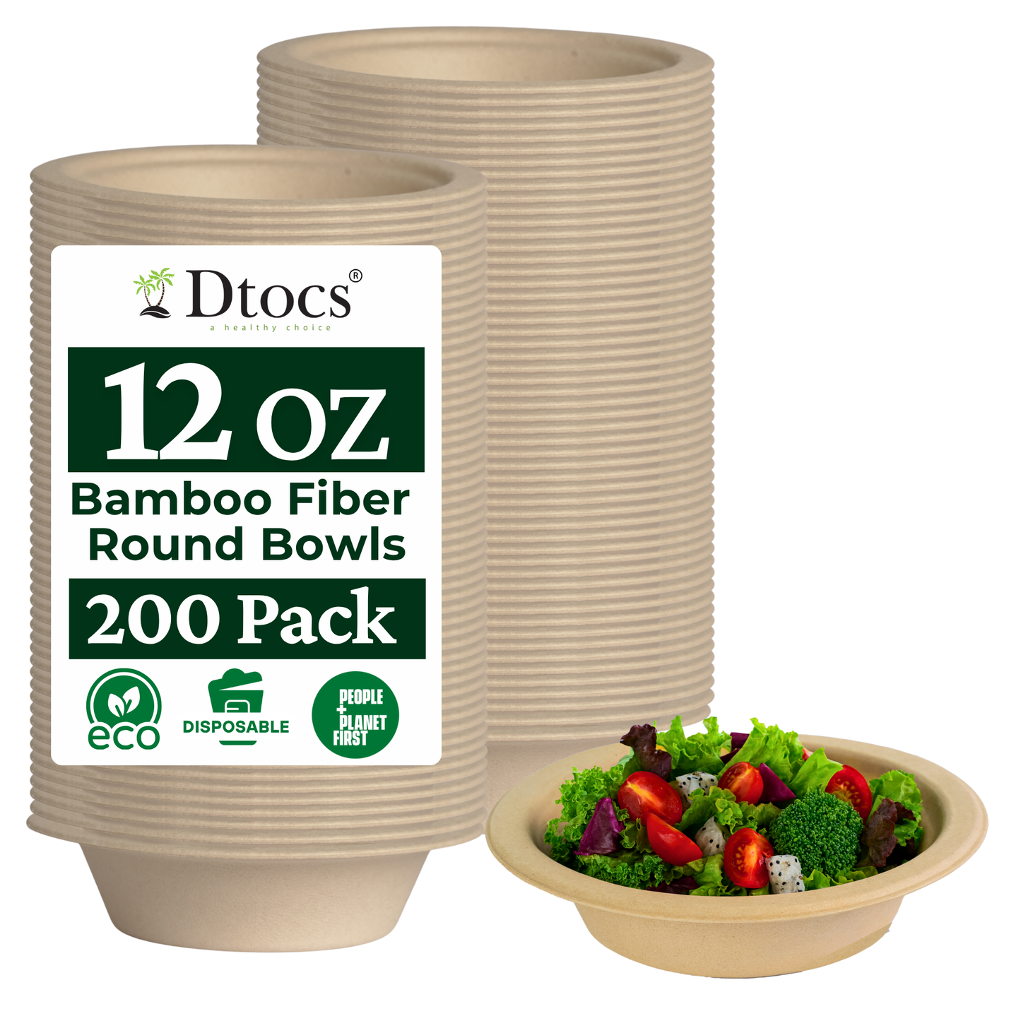 Dtocs Bamboo Fiber Disposable Bowls – 12 Oz, 200 Pk | Eco Friendly Biodegradable Small Bowl