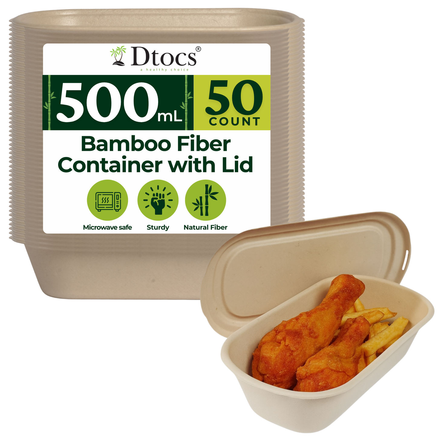 Dtocs Bamboo Fiber 500 mL Meal Prep Containers (Pack 50) | Disposable To-Go Food Containers With Lid