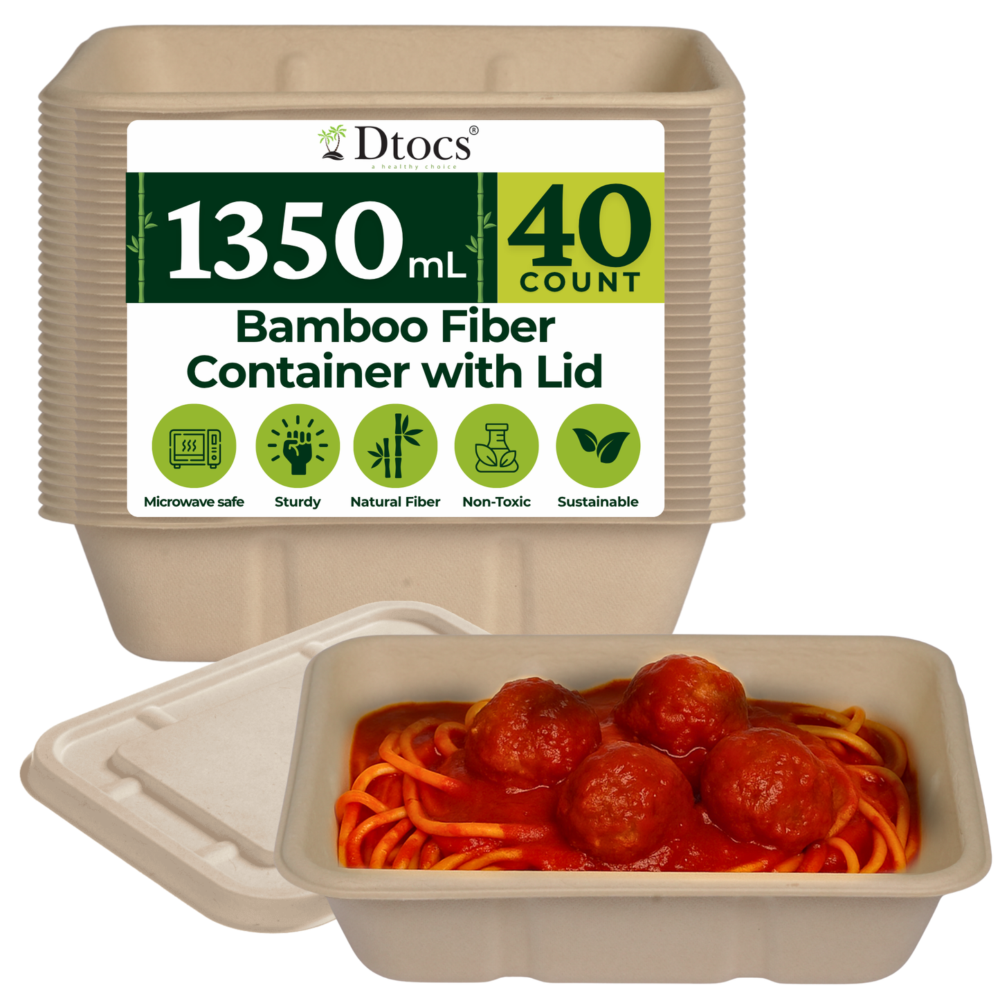 Dtocs Bamboo Fiber Meal Prep Containers with Lids 1350 ml, 40 Pcs | Bagasse Like Bamboo Disposable Container for Lunch, Salad, To Go Meal Box