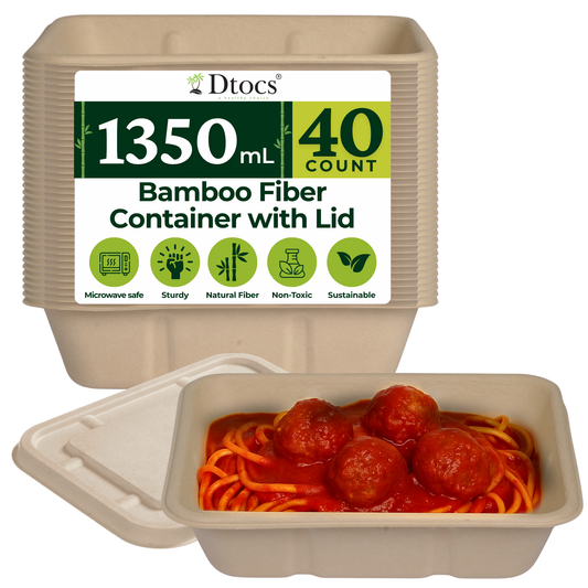 Dtocs Bamboo Fiber Meal Prep Containers with Lids 1350 ml, 40 Pcs | Bagasse Like Bamboo Disposable Container for Lunch, Salad, To Go Meal Box