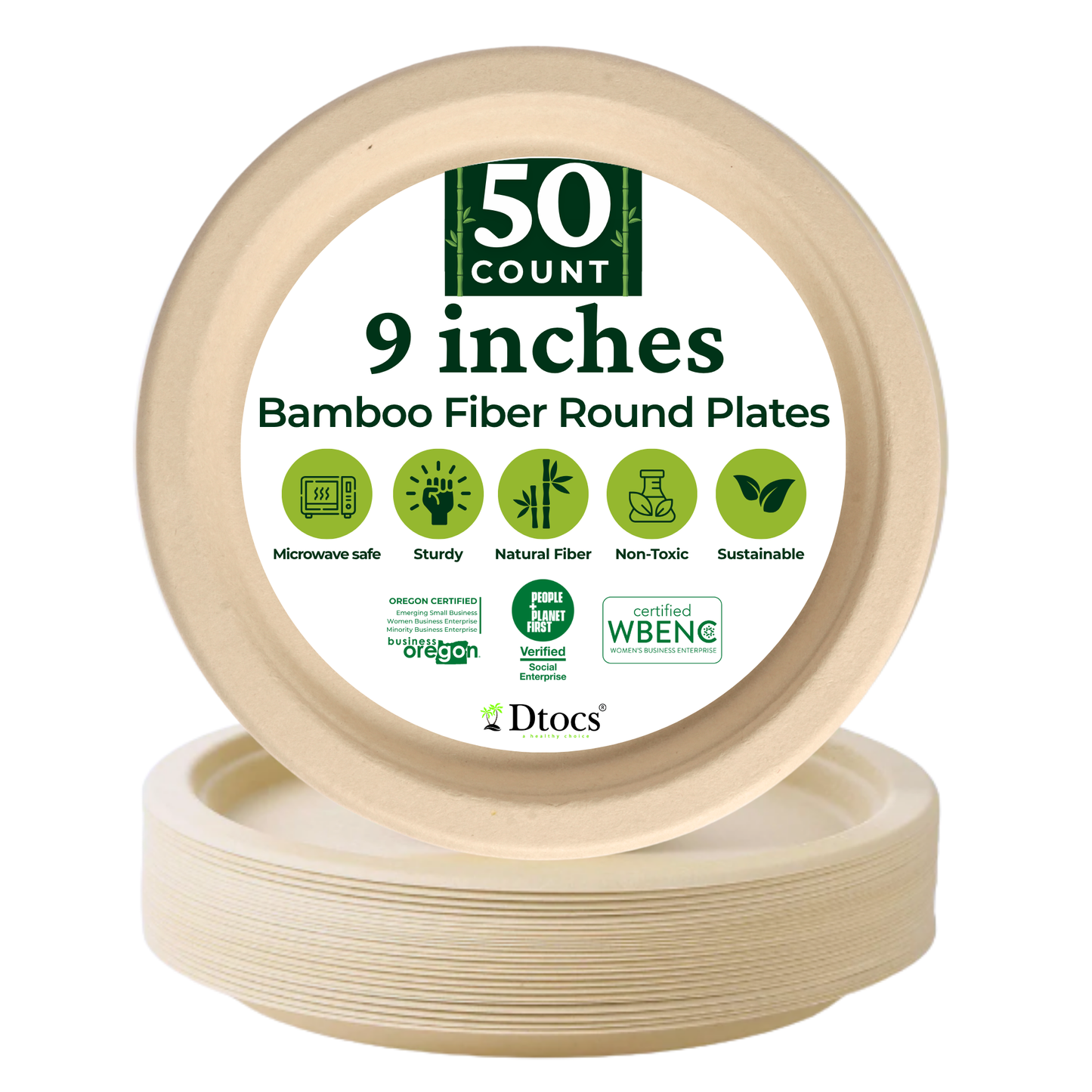 Dtocs Bamboo Fiber Plates 9 Inch Round (50 Pcs)