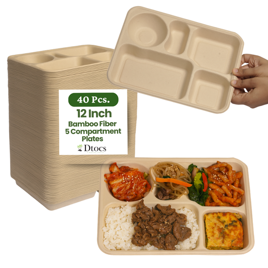 Dtocs Bamboo Fiber 11 Inch 5 Compartment Plates (40 Pcs.) | Heavy Duty Sectional Lunch Tray