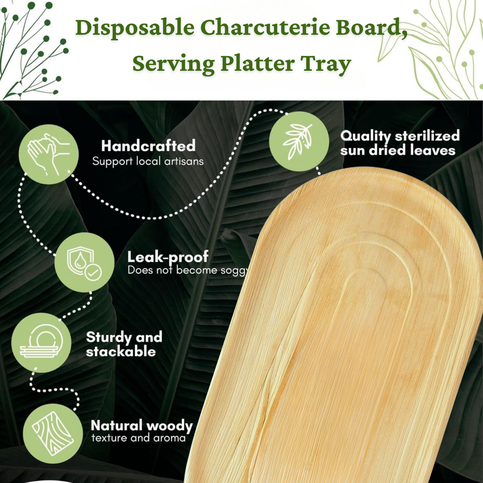 Dtocs Charcuterie Board 22"x12" Palm Leaf Tray
