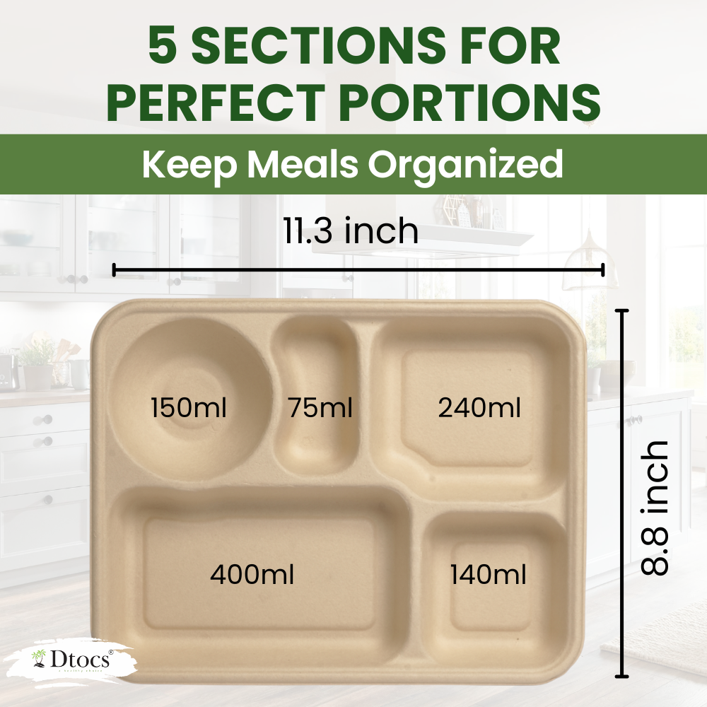 Dtocs Bamboo Fiber 11 Inch 5 Compartment Plates (40 Pcs.) | Heavy Duty Sectional Lunch Tray