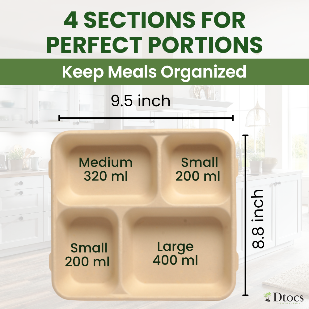 Dtocs Bamboo Fiber 9 Inch 4 Compartment Plates (40 Pcs.) | Heavy Duty Sectional Lunch Tray
