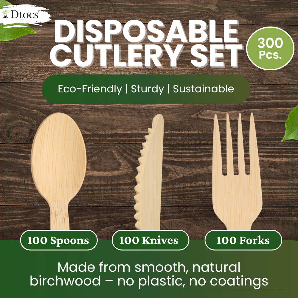 Dtocs Disposable Wooden Cutlery Set 300 Pc – Knives, Spoons, Forks 100 Each
