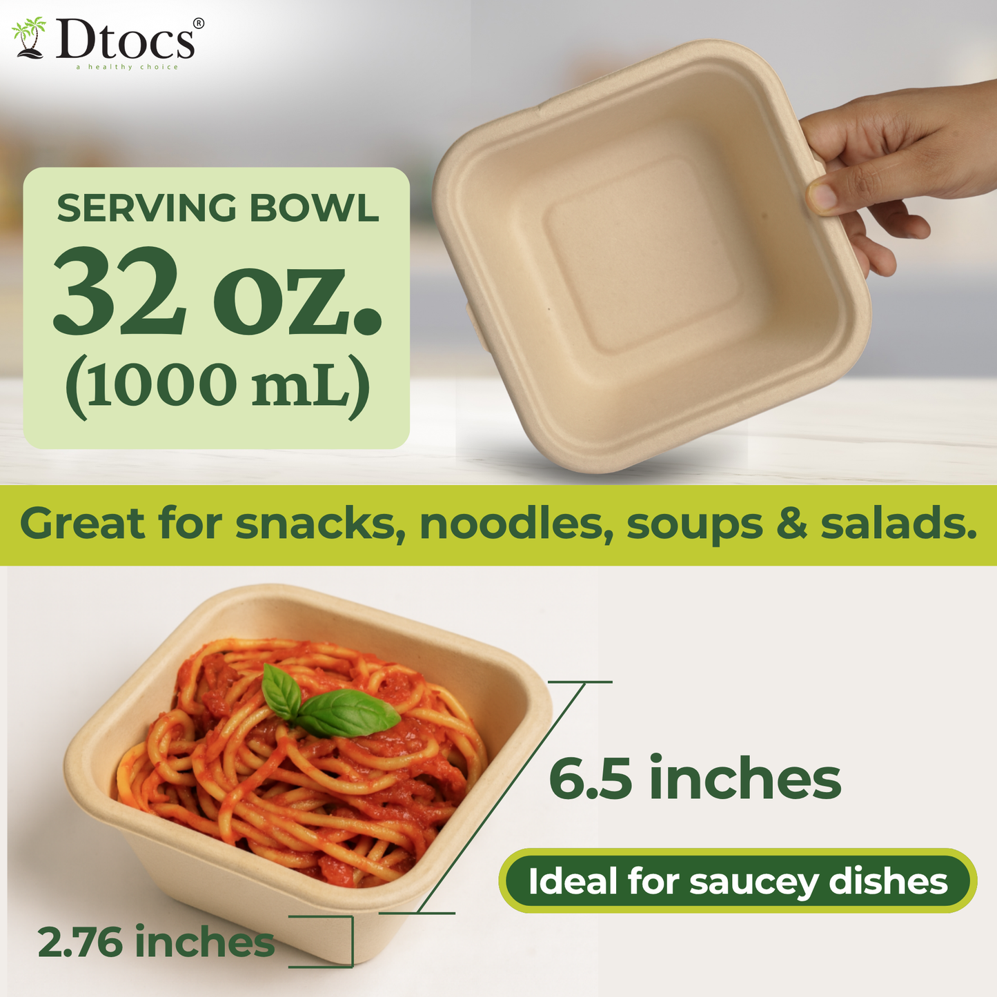 Dtocs Bamboo Fiber Disposable Bowls – 32 Oz, 50 Pk | Bamboo Round Bowl | Microwavable Bagasse Bowl like Soup, Cake, Salsa, Salad bowls