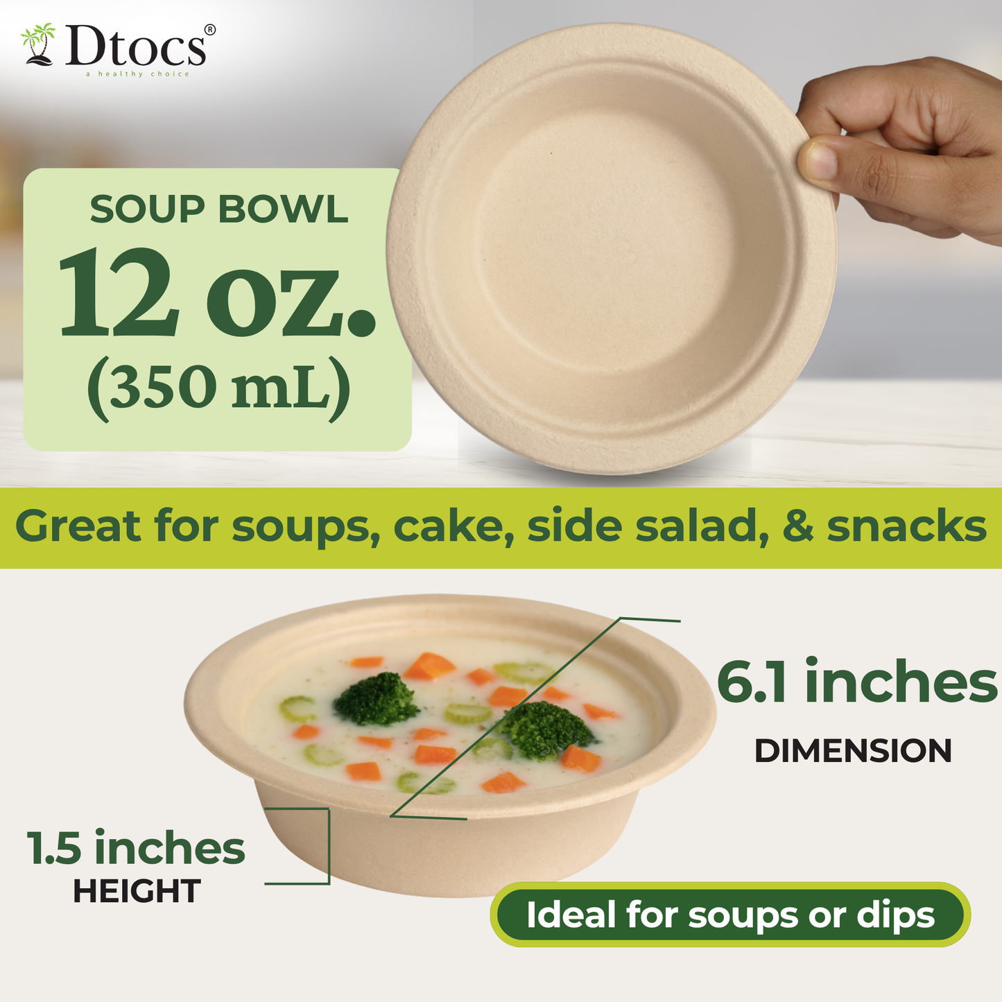 Dtocs Bamboo Fiber Disposable Bowls – 12 Oz, 200 Pk | Eco Friendly Biodegradable Small Bowl