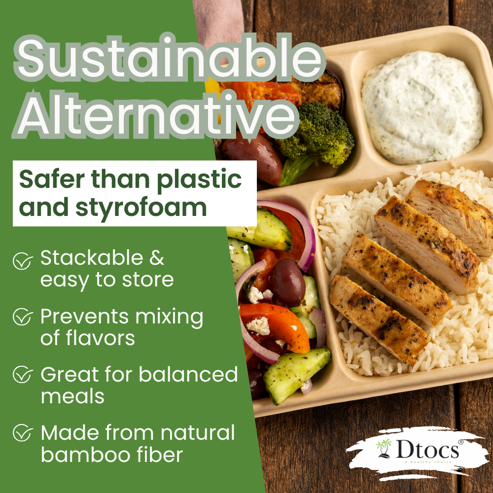 Dtocs Bamboo Fiber 9 Inch 4 Compartment Plates (40 Pcs.) | Heavy Duty Sectional Lunch Tray