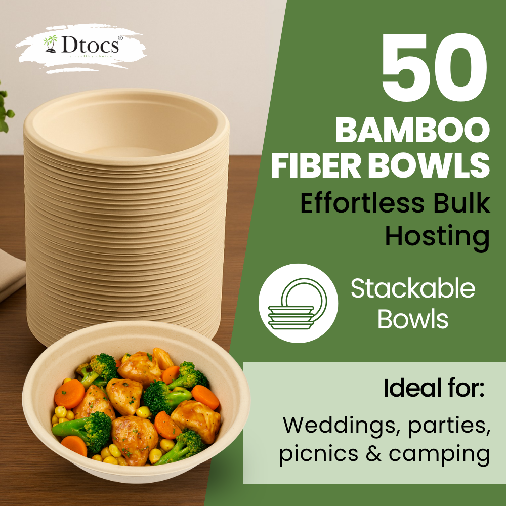 Dtocs Bamboo Fiber Disposable Bowls – 20 Oz, 50 Pk | Bamboo Round Bowl | Microwavable Bagasse Bowl like Soup, Cake, Salsa, Salad bowls