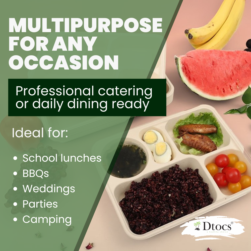 Dtocs Bamboo Fiber 11 Inch 5 Compartment Plates (40 Pcs.) | Heavy Duty Sectional Lunch Tray