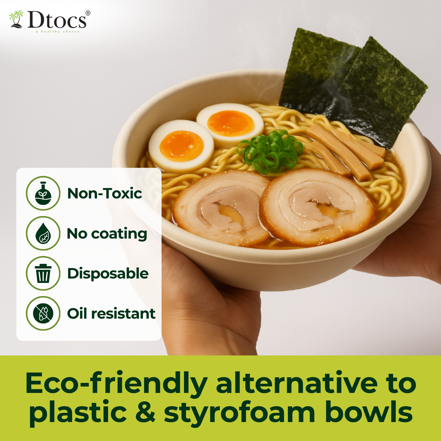 Dtocs Bamboo Fiber Disposable Bowls – 28 Oz, 70 Pk | Eco Friendly Large Bowl | Microwave Safe Bagasse Bowl for Soup, Dessert, Salad bowls