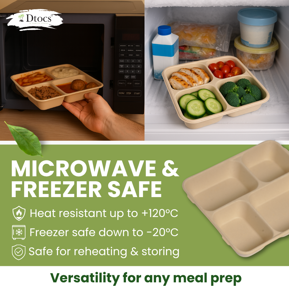 Dtocs Bamboo Fiber 9 Inch 4 Compartment Plates (40 Pcs.) | Heavy Duty Sectional Lunch Tray